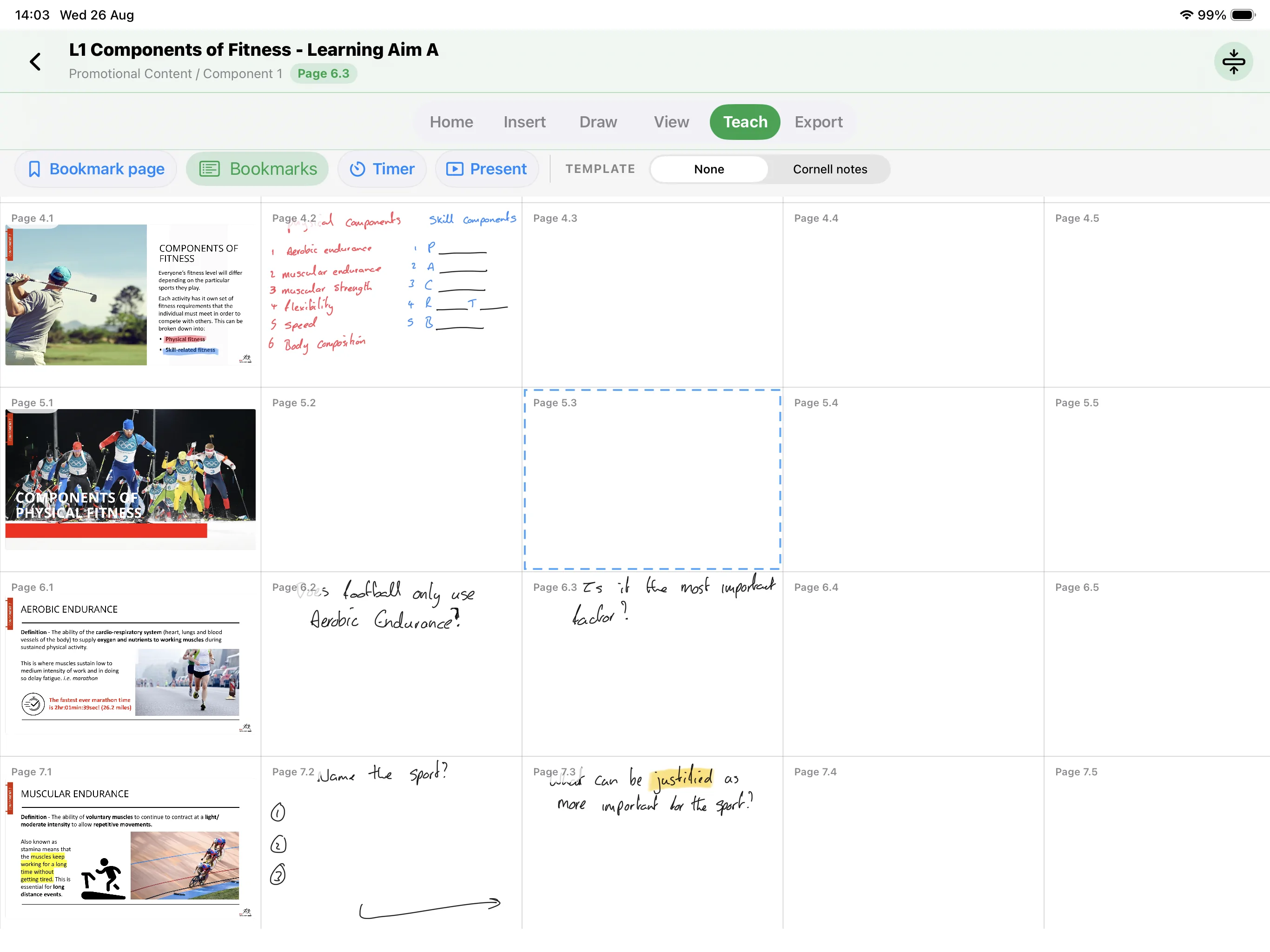 A real Peregra lesson canvas containing imported resources, highlighted text, handwritten questions, arrows and teaching notes